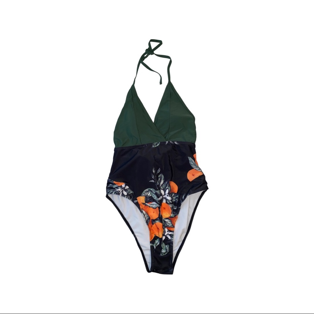 Shein One Piece Black Floral Print Swim Bathing Suit